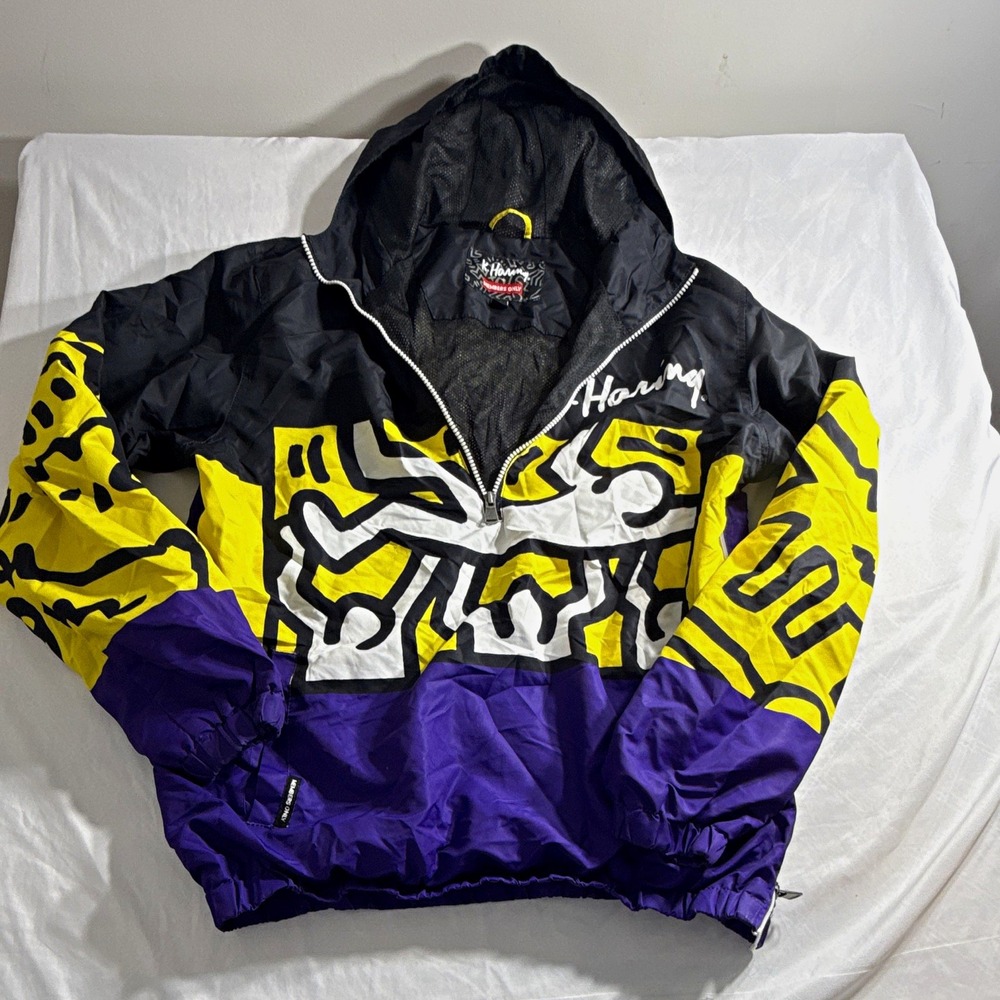 Members Only Keith Haring Mens M Black Yellow Purple Hooded 1/4 Zip Jacket